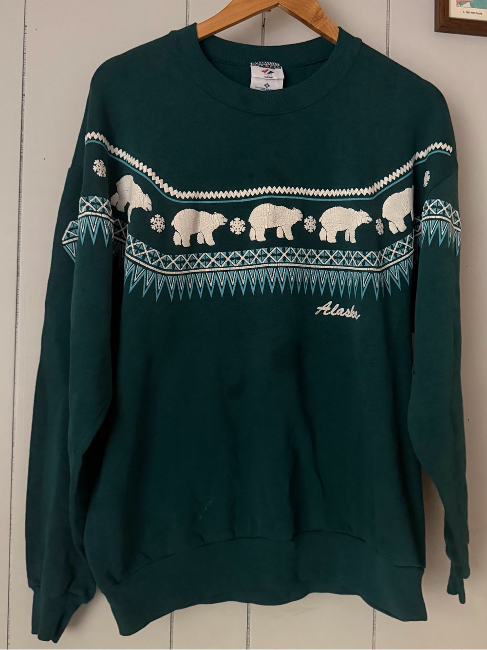 Vintage 90s Alaska Crewneck Sweatshirt Adult Size X Large Green Polar Bears